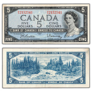 SOLD $5 1954 Bank of Canada Note Beattie-Rasminsky H/S Prefix BC-39b - VF/EF