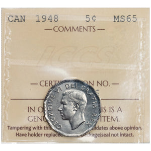 Canada 1948 5 Cents Nickel Coin - ICCS MS-65