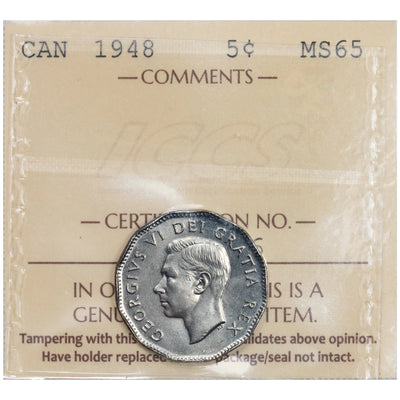 Canada 1948 5 Cents Nickel Coin - ICCS MS-65