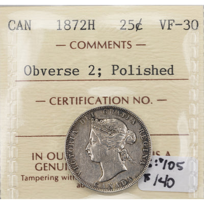SOLD Canada 1872-H Obv 2 25 Cents Quarter Silver Coin - ICCS VF-30 (polished)
