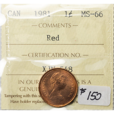 SOLD Canada 1981 1 Small Cent Coin - ICCS MS-66 Red
