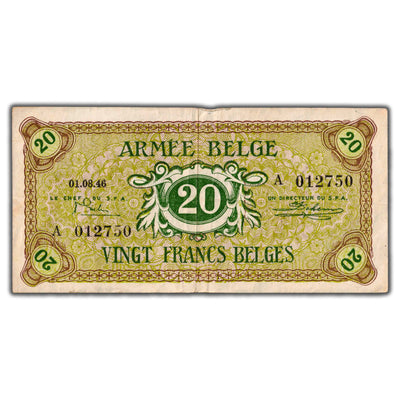 SOLD Belgian Army 1946 20 Francs Note P #M5