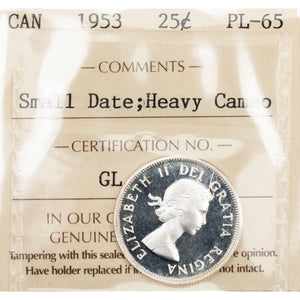 SOLD Canada 1953 SF 25 Cents Quarter Silver Coin - ICCS Proof-Like PL-65 Heavy Cameo