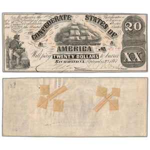 United States 1861 Confederate States of America $20 Note - Damaged Back