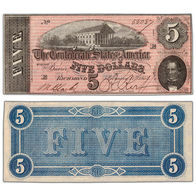 United States 1864 Confederate States of America $5 Five Dollars Note - AU/UNC
