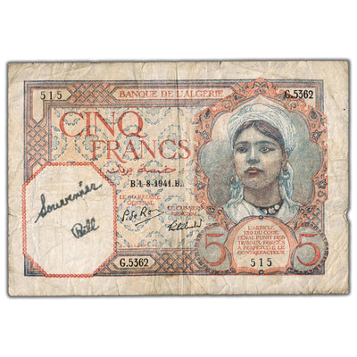 Algeria 1941 5 Five Francs Note P #77b - Writing