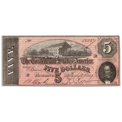 United States 1864 Confederate States of America $5 Five Dollars Note - AU/UNC