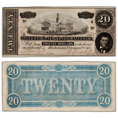 United States 1864 Confederate States of America $20 Twenty Dollars Note - AU