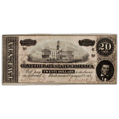 United States 1864 Confederate States of America $20 Twenty Dollars Note - AU