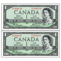 $1 1954 Bank of Canada Notes Devil Face M/A Prefix BC-29b - 2 Consecutive Ch UNC