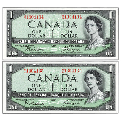 SOLD $1 1954 Bank of Canada Notes Devil Face M/A Prefix BC-29b - 2 Consecutive Ch UNC