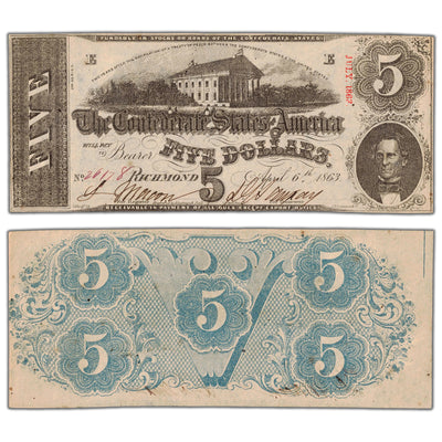 United States 1863 Confederate States of America $5 Five Dollars Note - AU+