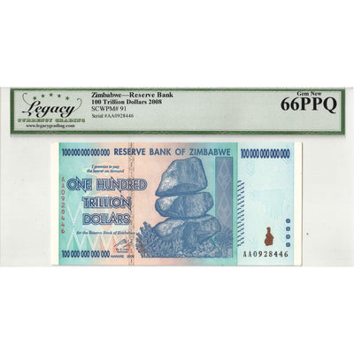 SOLD Zimbabwe 2008 100 Trillion Dollars Note P #91 - Legacy UNC-66 PPQ
