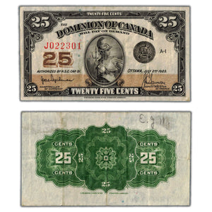 SOLD 25 Cents 1923 Dominion of Canada Note Shinplaster Hyndman DC-24a - VF+ (pencil)