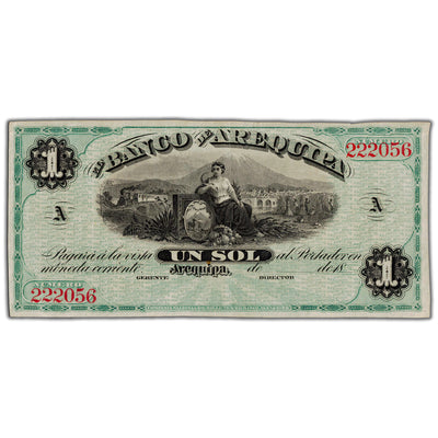 SOLD Peru El Banco de Arequipa 1870's 1 Sol Remainder Note P #S117 - VF/EF