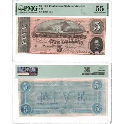 United States 1864 $5 Confederate States Note T-69 - PMG AU-55