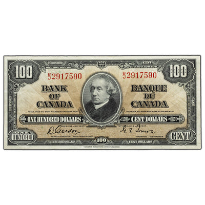 SOLD $100 1937 Bank of Canada Note Gordon-Towers B/J Prefix BC-27b - About EF