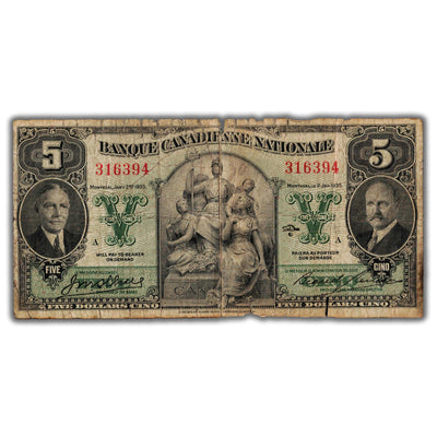 SOLD $5 1935 Banque Canadienne Nationale Canada Chartered Note CH #85-14-02