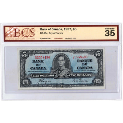 $5 1937 Bank of Canada Note Coyne-Towers C/S Prefix BC-23c - BCS VF-35