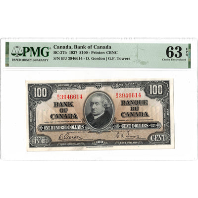 $100 1937 Bank of Canada Note Gordon-Towers B/J Prefix BC-27b - PMG UNC-63 EPQ