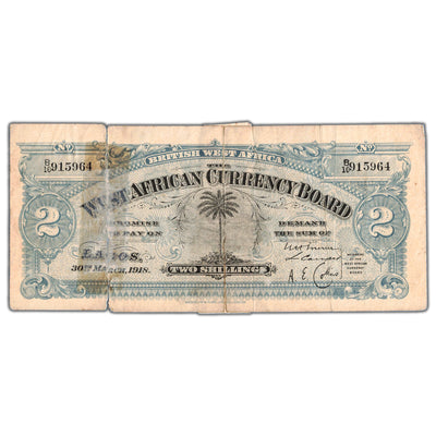 SOLD British West Africa 1918 2 Two Shillings Note P #2b - Damaged/Taped