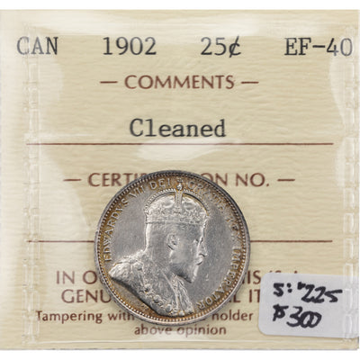 Canada 1902 25 Cents Quarter Silver Coin - ICCS EF-40 (cleaned)