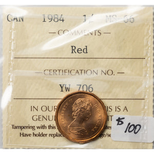 SOLD Canada 1984 1 Small Cent Coin - ICCS MS-66 Red
