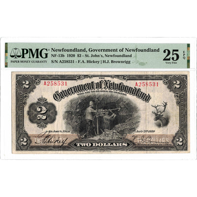 SOLD $2 1920 Government of Newfoundland Note NF-13b - PMG VF-25 EPQ