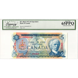 $5 1972 Bank of Canada Note Specimen BC-48aA - Legacy Gem UNC-65 PPQ
