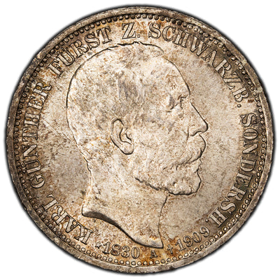 SOLD Germany Schwarzburg-Sondershausen 1909-A 3 Three Marks Silver Coin - UNC