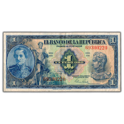 Colombia 1954 1 One Peso Note P #380g - VF