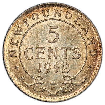 Newfoundland 1942-C 5 Cents Silver Coin - Choice AU