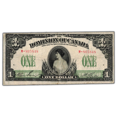 SOLD $1 1917 Dominion of Canada Note No Seal Boville Series M DC-23a-ii