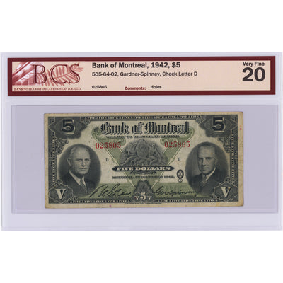 SOLD $5 1942 Bank of Montreal Canada Chartered Note #505-64-02 - BCS VF-20