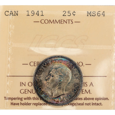 SOLD Canada 1941 25 Cents Quarter Silver Coin - ICCS MS-64