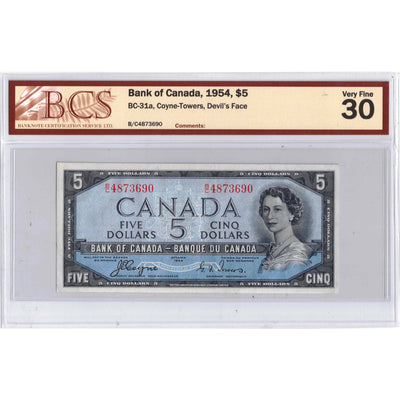 SOLD $5 1954 Bank of Canada Note Devil Face B/C Prefix BC-31a - BCS VF-30
