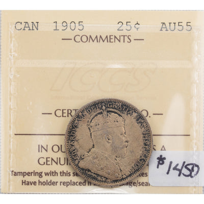 SOLD Canada 1905 25 Cents Quarter Silver Coin - ICCS AU-55
