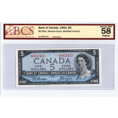 $5 1954 Bank of Canada Note Beattie-Coyne W/C Prefix BC-39a-i - BCS AU-58