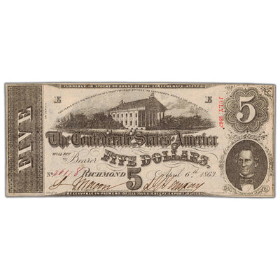 United States 1863 Confederate States of America $5 Five Dollars Note - AU+