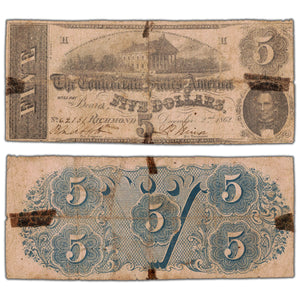 SOLD United States 1862 Confederate States of America $5 Five Dollars Note - Damaged