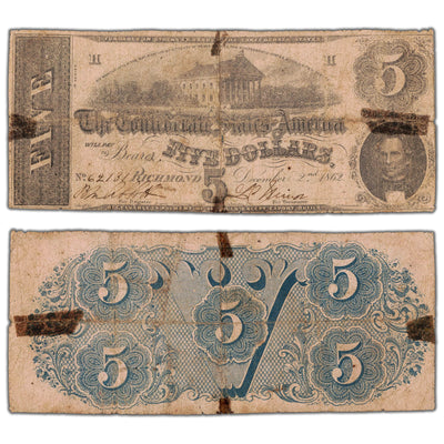 United States 1862 Confederate States of America $5 Five Dollars Note - Damaged