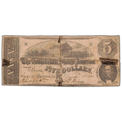 United States 1862 Confederate States of America $5 Five Dollars Note - Damaged