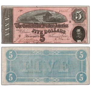 SOLD United States 1864 Confederate States of America $5 Five Dollars Note - Abt. EF