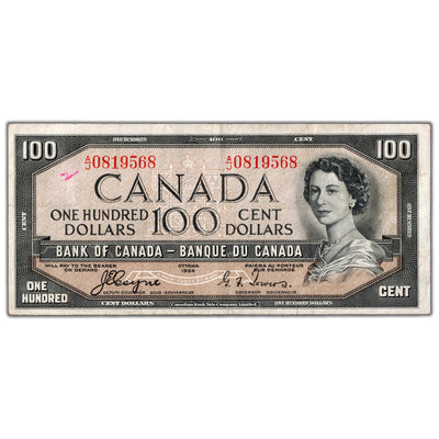 $100 1954 Bank of Canada Note Devil Face A/J Prefix BC-35a - VF (writing)