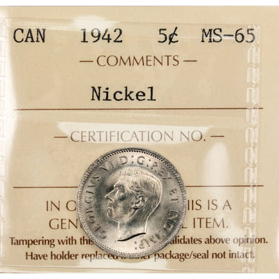 Canada 1942 5 Cents Nickel Coin - ICCS MS-65