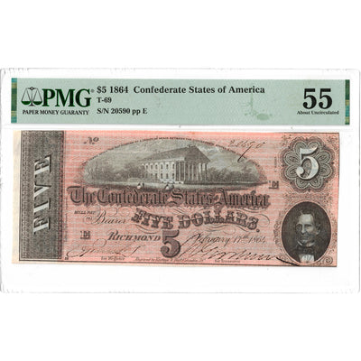 United States 1864 $5 Confederate States Note T-69 - PMG AU-55