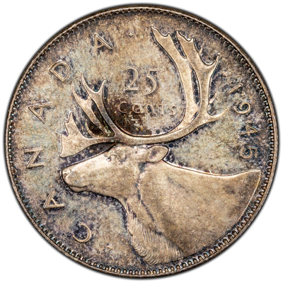 Canada 1945 25 Cents Quarter Silver Coin - AU-58
