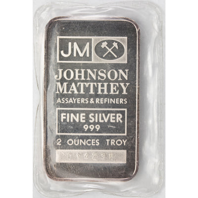 SOLD Johnson Matthey JM 2oz .999 Fine Silver Bar - JM Back Sealed