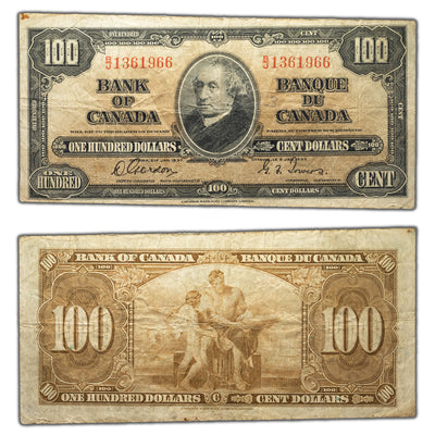 SOLD $100 1937 Bank of Canada Note Gordon-Towers B/J Prefix BC-27b - Minor Writing