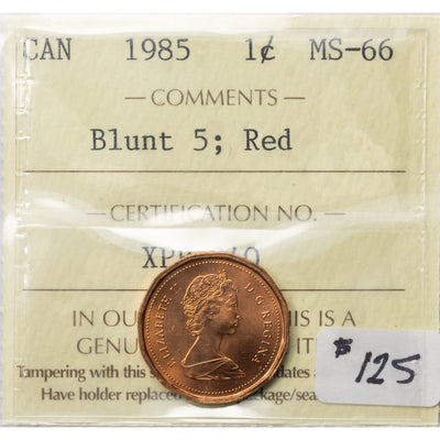 SOLD Canada 1985 Blunt 5 1 Small Cent Coin - ICCS MS-66 Red